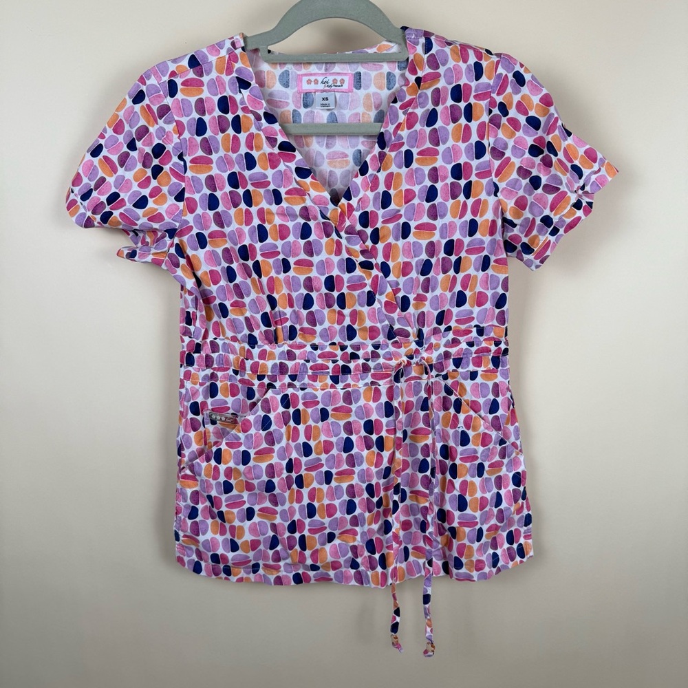 Koi Multicolor Patterned Wrap Scrub Top XS